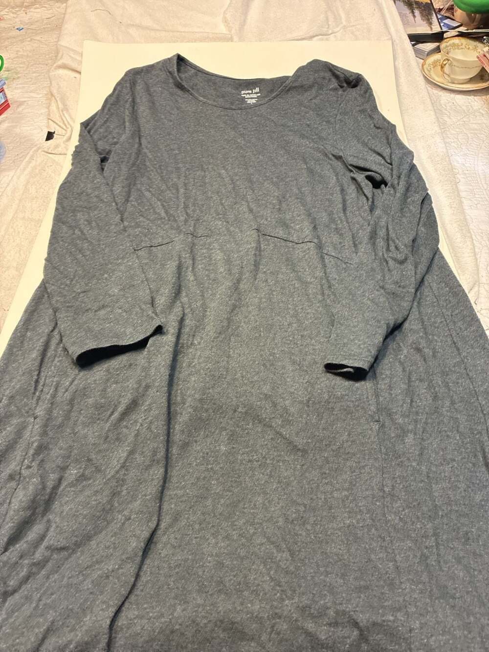 Pure Jill Dipped-Hem Swing Dress Gray Pima Cotton Blend Long Sleeve Size L